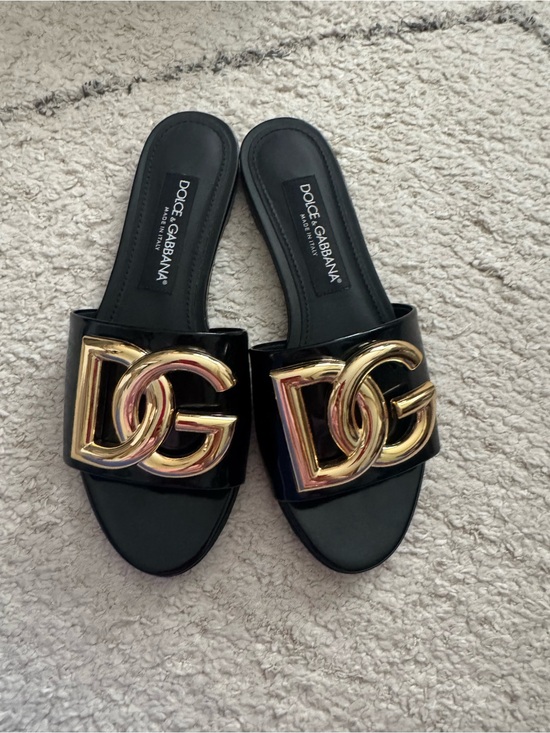 Dolce & Gabbana Shoes - Dolce & Gabbana Black Patent Slides with Large Gold DG Logo